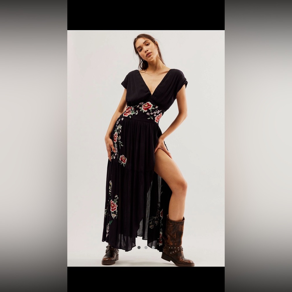 Free People Black High-Low Maxi Dress with Pink & Green Floral Embroidery